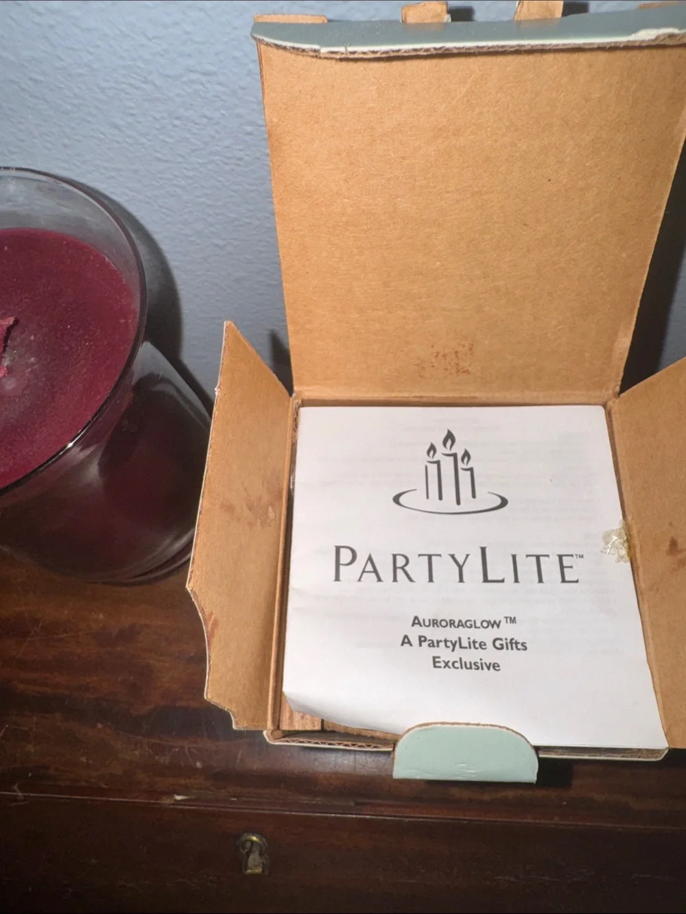 2 PartyLite Decorative Candles Burgundy in Glass &  Round Green Candle